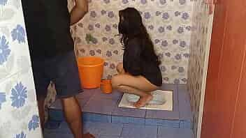 Fuck the maid inside the toilet bathroom while she was peeing, Real Hindi dirty HD porn sex video