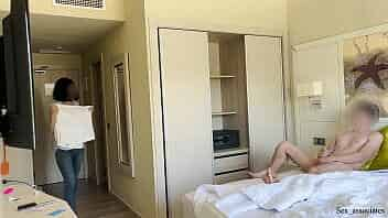 Public Dick Flash. Hotel maid was shocked when she saw me masturbating during room cleaning service but decided to help me cum video